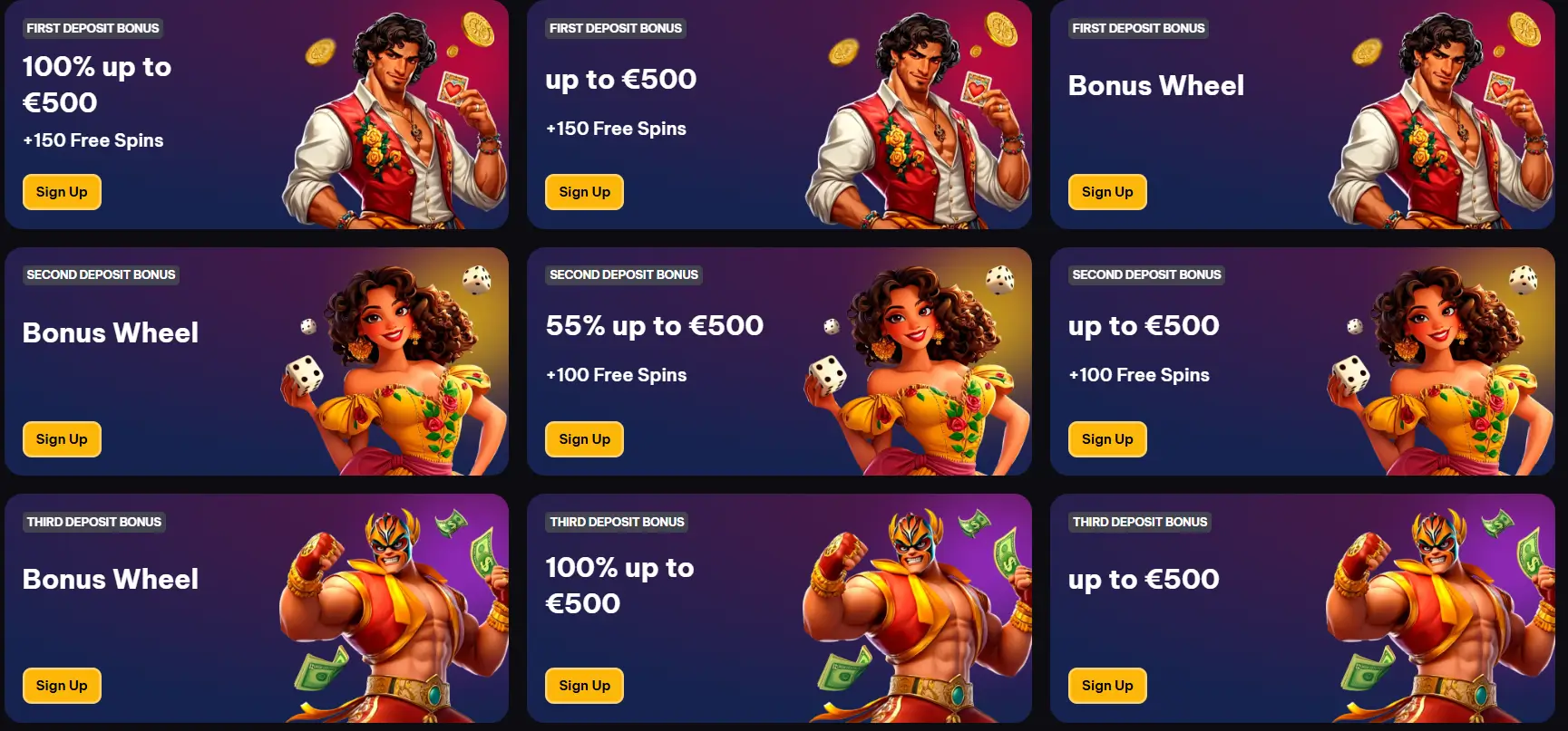 Spinmacho Casino bonuspagina met stortingsbonussen en gratis spins.