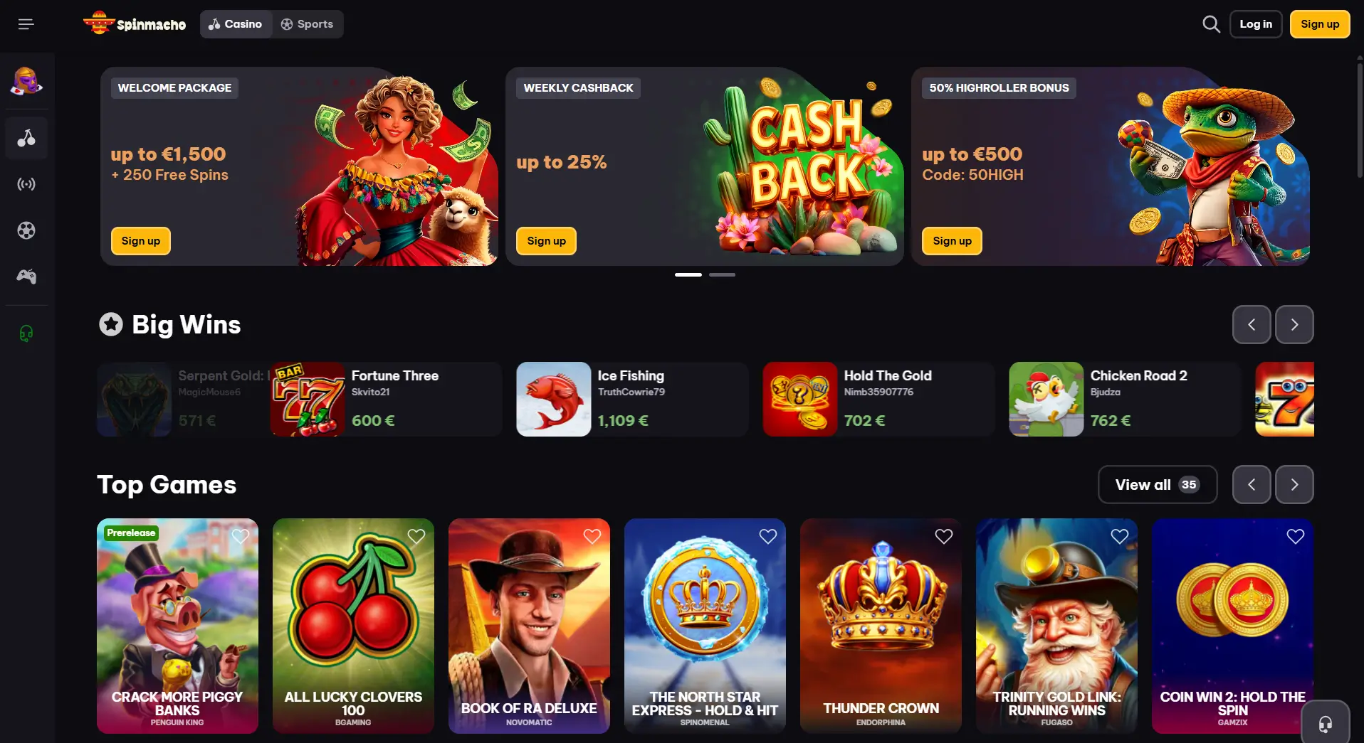 Spinmacho Online Casino homepage met bonussen en top spellen.