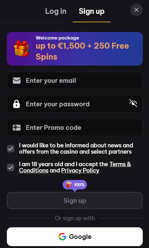 Spinmacho registratieformulier met welkomstpakket en gratis spins.